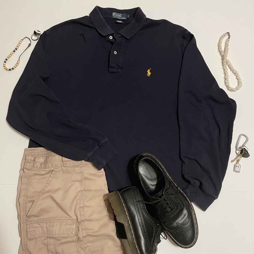 90's Vintage Polo Ralph Lauren Navy Long Sleeve L Polo/Rugby Shirt